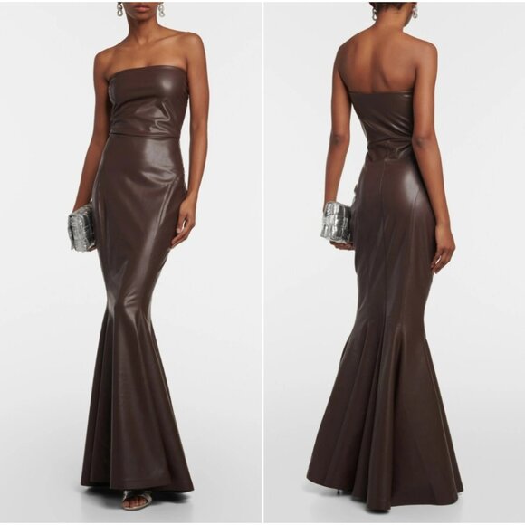 NWT Norma Kamali Strapless Faux Leather Fishtail Gown Chocolate Brown Size L - Picture 7 of 16